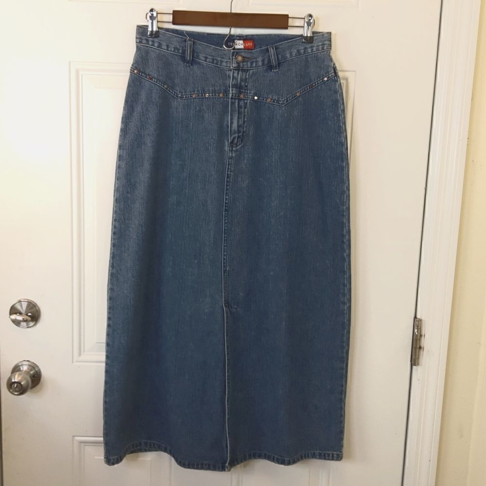 French Cuff blue denim maxi skirt with front split studs and rhinestones